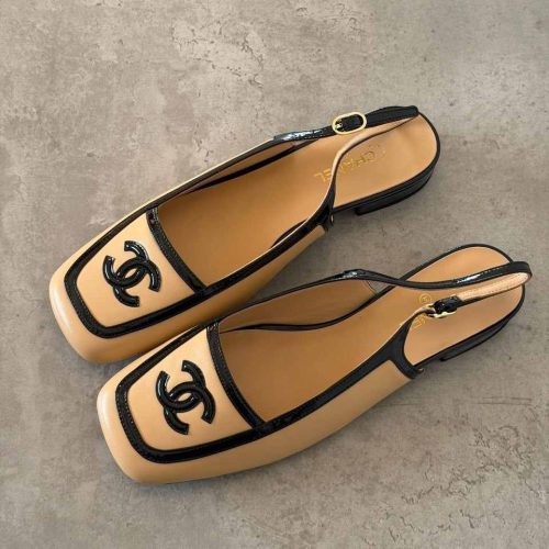 Chanel 26B square toe leather slingback flats beige