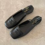Chanel 26B square toe leather slingback flats black