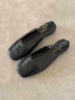 Chanel 26B square toe leather slingback flats black