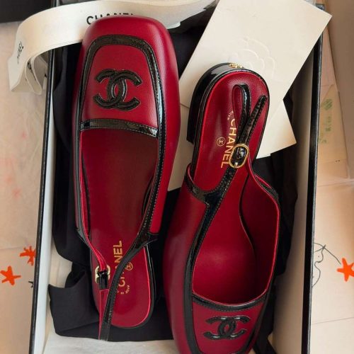 Chanel 26B square toe leather slingback flats red