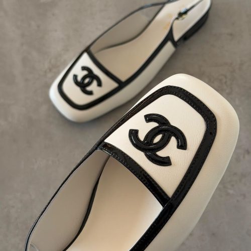 Chanel 26B square toe leather slingback flats white