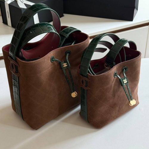 Chanel 26B suede leather bucket bag dark brown