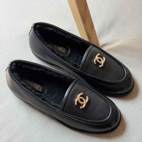 Chanel CC Logo Black Calfskin Leather Loafers