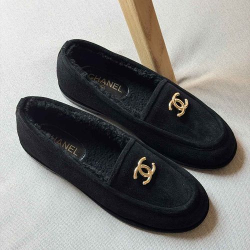 Chanel CC Logo Black Suede Shearling Loafers