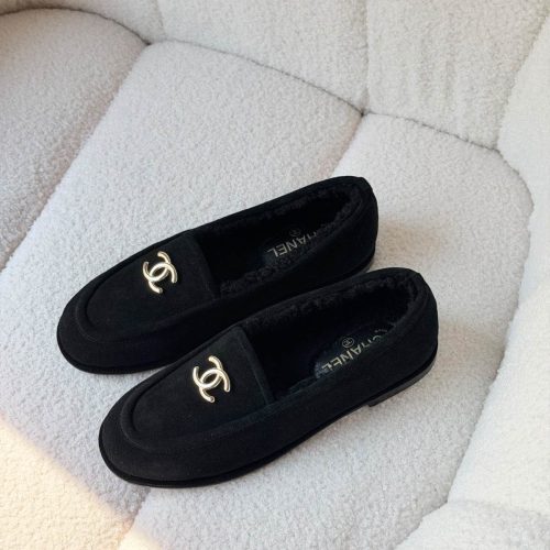 Chanel CC Logo Black Suede Shearling Loafers