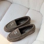 Chanel CC Logo Dark Beige Suede Shearling Loafers