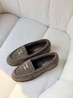 Chanel CC Logo Dark Beige Suede Shearling Loafers