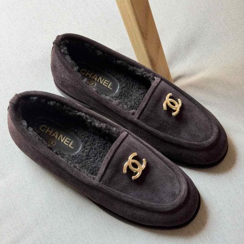 Chanel CC Logo Dark Chocolate Suede Shearling Loafers