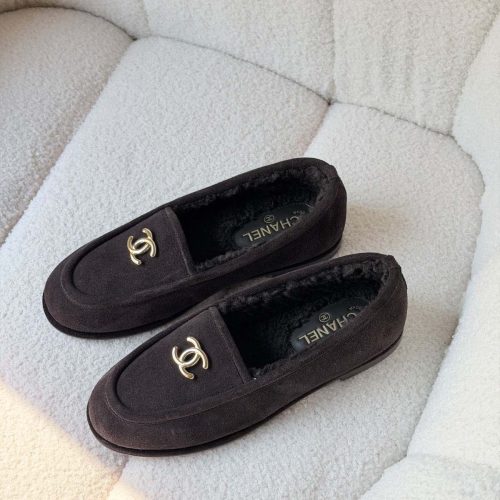 Chanel CC Logo Dark Chocolate Suede Shearling Loafers