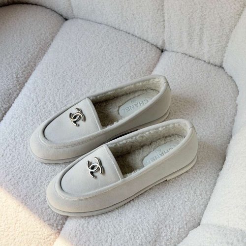 Chanel CC Logo White Suede Shearling Loafers
