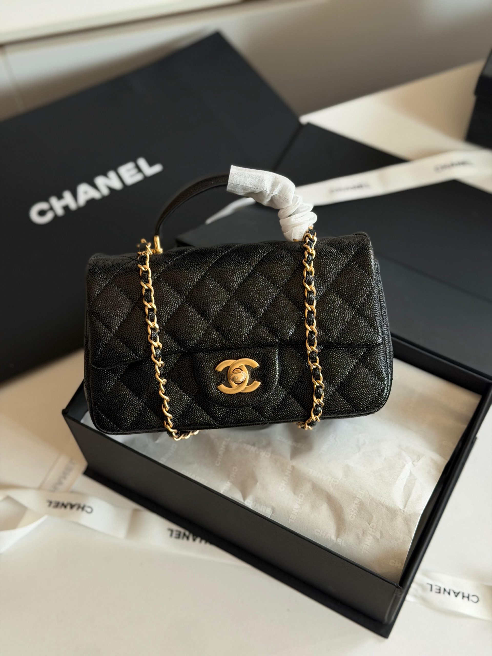 Chanel Caviar Quilted Mini Top Handle Rectangular Flap Bag Black Chanel Caviar Quilted Mini Top Handle Rectangular Flap Bag Black