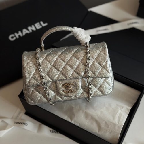 Chanel Caviar Quilted Mini Top Handle Rectangular Flap Bag Silver Metalic