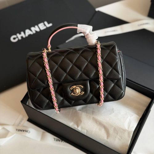 Chanel Lambskin Quilted Mini Top Handle Rectangular Flap Bag Black Pink
