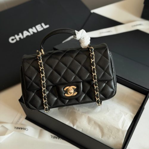 Chanel Lambskin Quilted Mini Top Handle Rectangular Flap Bag Black