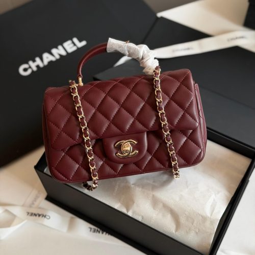 Chanel Lambskin Quilted Mini Top Handle Rectangular Flap Bag Burgundy