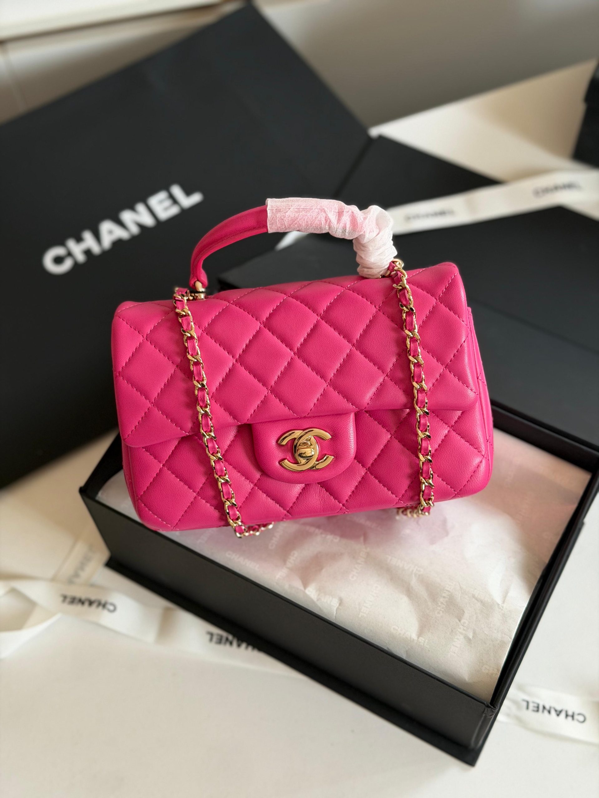 Chanel Lambskin Quilted Mini Top Handle Rectangular Flap Bag Dark Pink Chanel Lambskin Quilted Mini Top Handle Rectangular Flap Bag Dark Pink