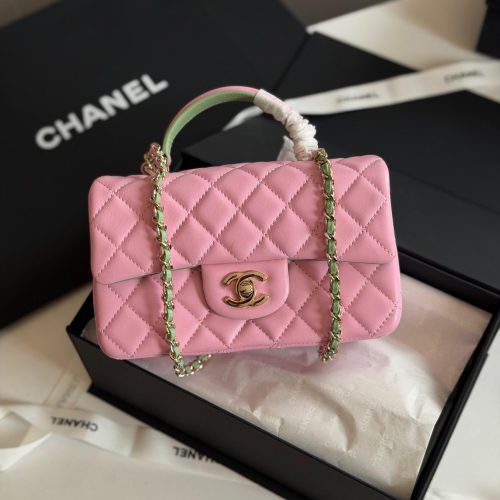 Chanel Lambskin Quilted Mini Top Handle Rectangular Flap Bag Pink & Green