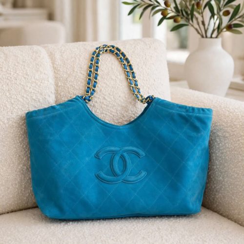 Chanel Neo Cabas Shopping Bag In Blue Suede Calfskin