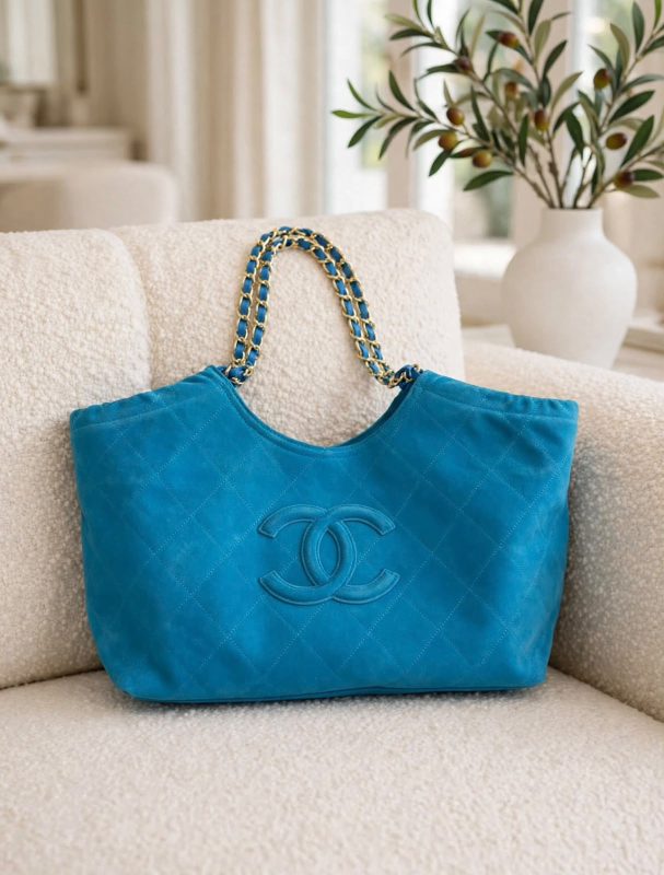 Chanel Neo Cabas Shopping Bag In Blue Suede Calfskin