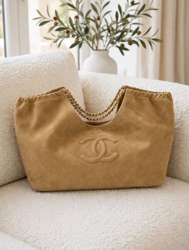 Chanel Neo Cabas Shopping Bag in Dark Beige Suede Calfskin