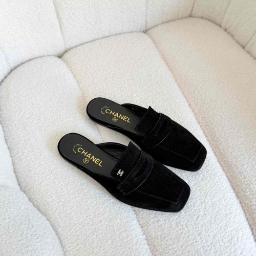 Chanel black suede loafers mules