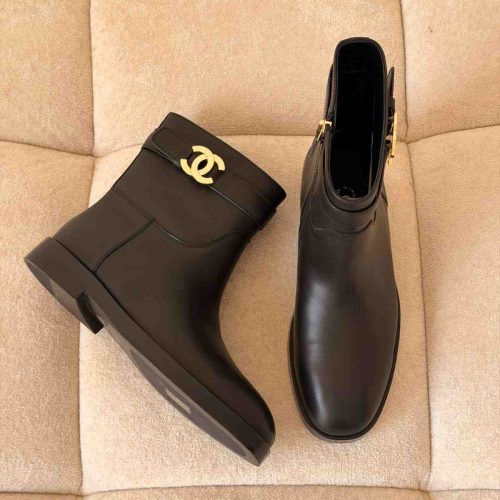 Chanel calfskin cc buckle ankle black boots