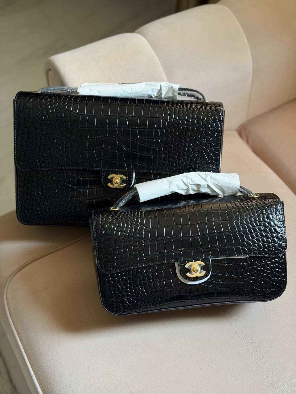 Chanel crocodile embossed flap bag black Chanel crocodile embossed flap bag black