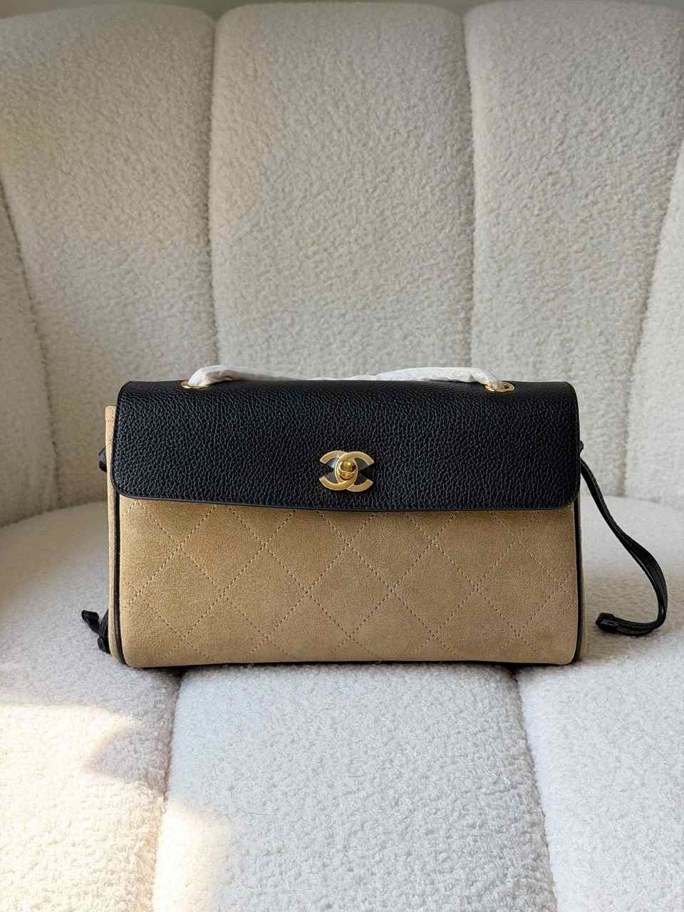 Chanel suede leather urban essential flap bag beige & black Chanel suede leather urban essential flap bag beige & black