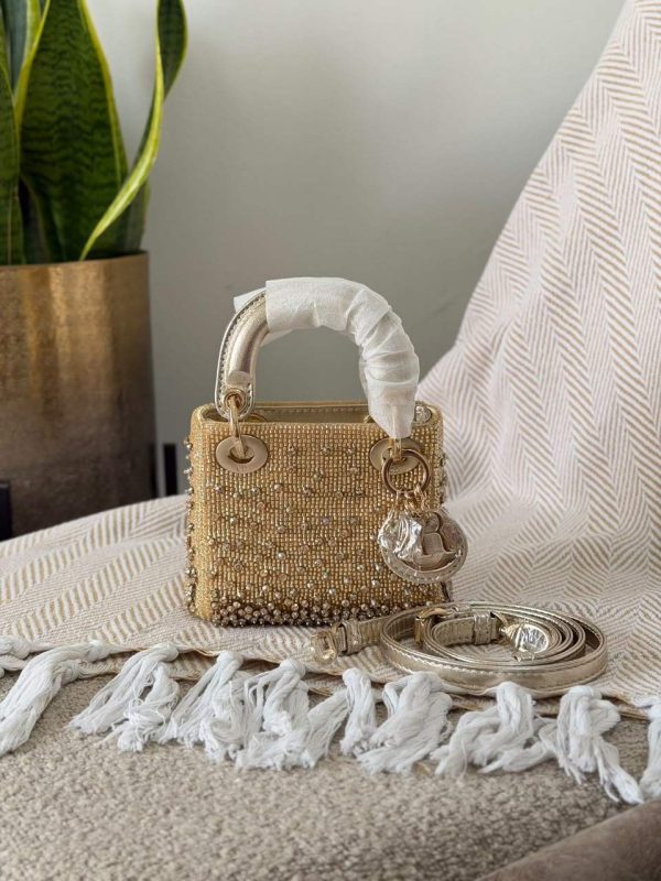 Christian Dior Metallic Lambskin Crystal Beaded Embroidered Micro Lady Dior Handbag