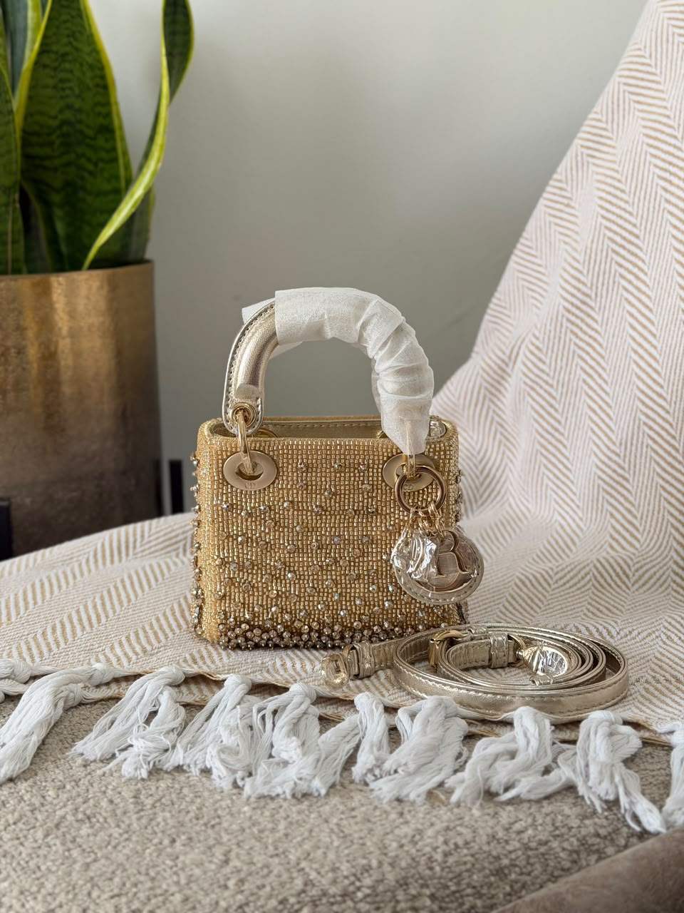 Christian Dior Metallic Lambskin Crystal Beaded Embroidered Micro Lady Dior Handbag Christian Dior Metallic Lambskin Crystal Beaded Embroidered Micro Lady Dior Handbag