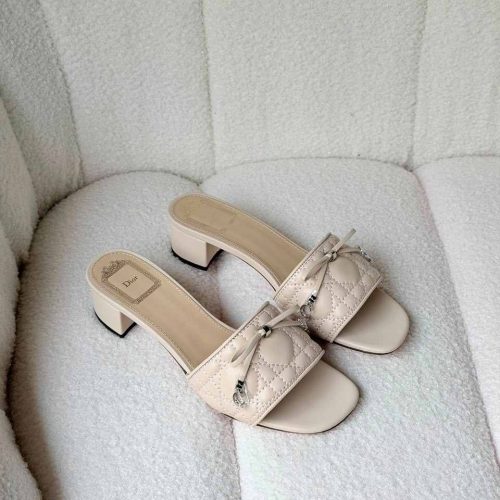 Dior cannage heeled slide sandals beige white