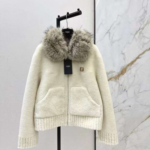 Fendi faux fur collar zip cardigan white
