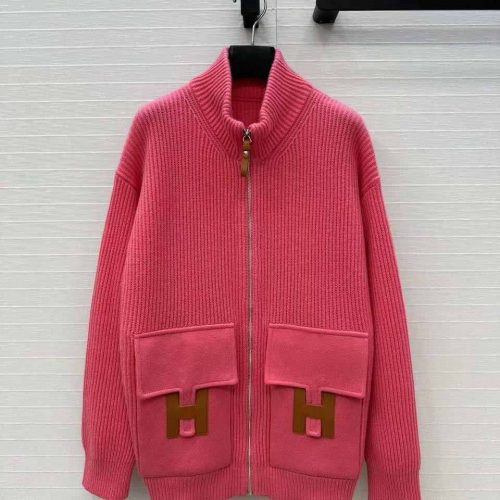 Hermes H pocket wool knit cardigan pink