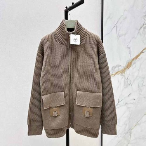Hermes H pocket wool knit cardigan taupe