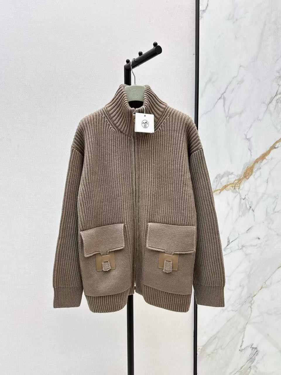 Hermes H pocket wool knit cardigan taupe Hermes H pocket wool knit cardigan taupe