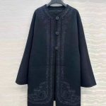 Hermes embroidered long wool coat black