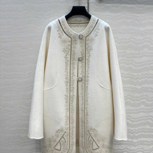 Hermes embroidered long wool coat white