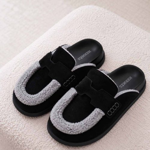 Hermes go mule black with contrasting fur trim