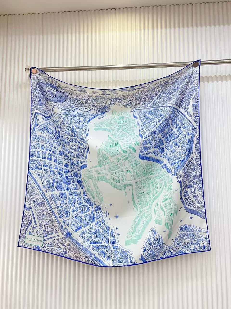 Hermes la nouvelle cite cavaliere shawl 140 in ivory and blue Hermes la nouvelle cite cavaliere shawl 140 in ivory and blue