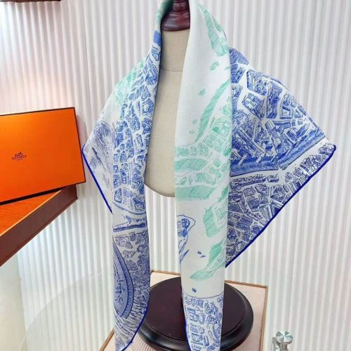 Hermes la nouvelle cite cavaliere shawl 140 in ivory and blue