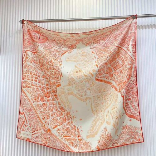 Hermes la nouvelle cite cavaliere shawl 140 in rust orange and cream
