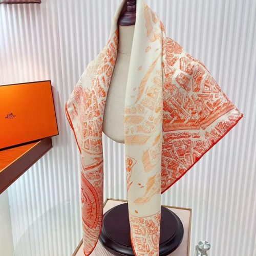 Hermes la nouvelle cite cavaliere shawl 140 in rust orange and cream