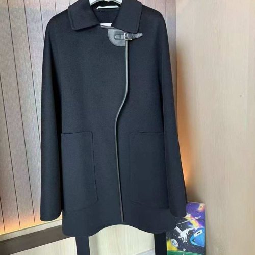 Hermes leather buckle cashmere coat black