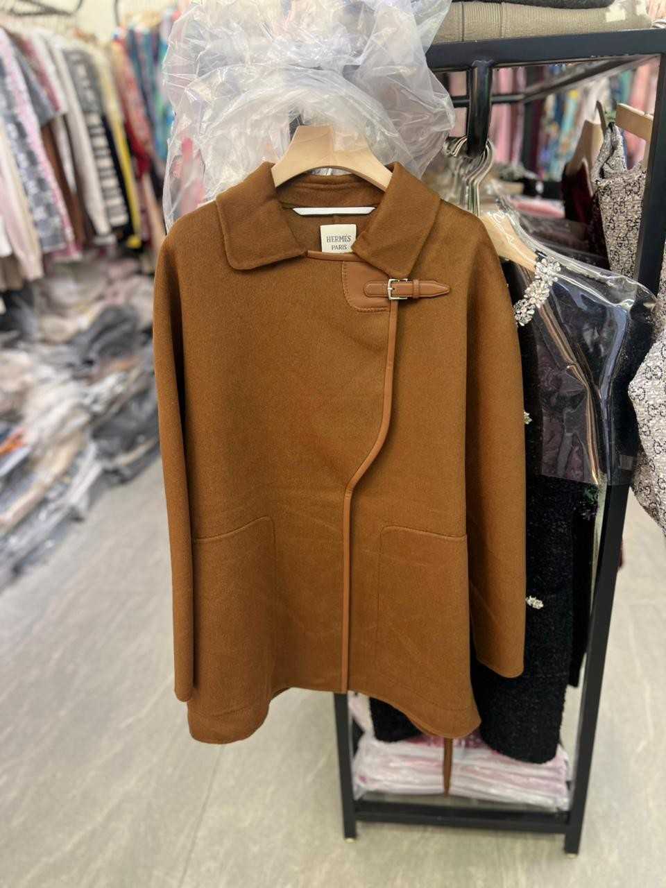 Hermes leather buckle cashmere coat brown Hermes leather buckle cashmere coat brown