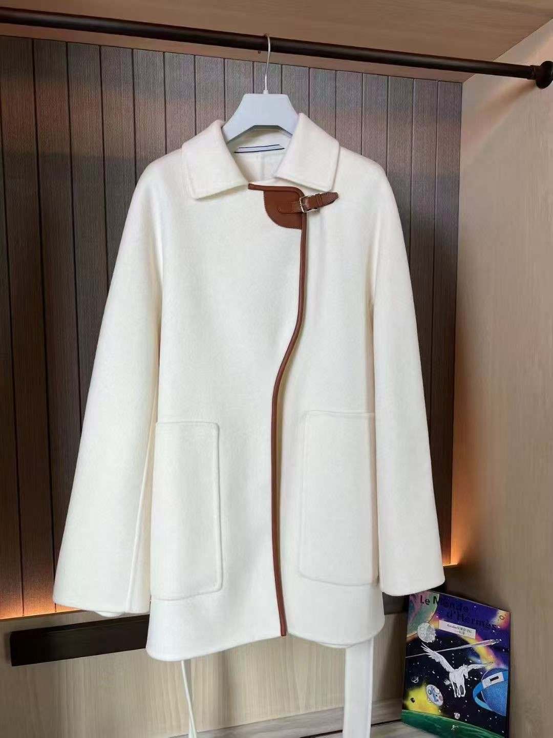 Hermes leather buckle cashmere coat white Hermes leather buckle cashmere coat white