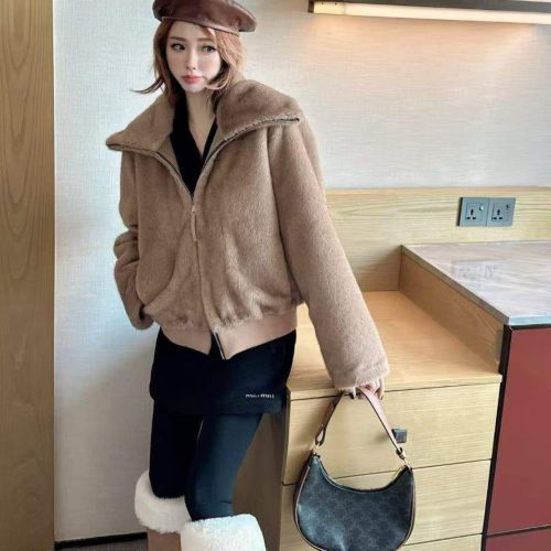 Loro piana faux fur bomber jacket camel