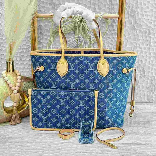 Louis vuitton monogram denim neo neverfull mm tote bag in blue
