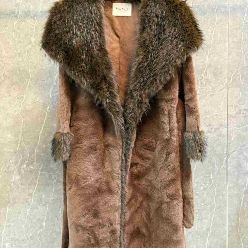Max mara faux fur shawl collar long coat brown