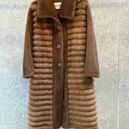 Max mara stripe pattern faux fur long coat brown