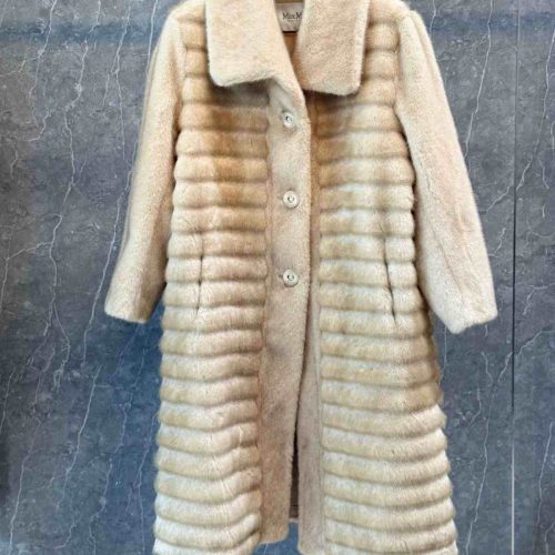 Max mara stripe pattern faux fur long coat cream white